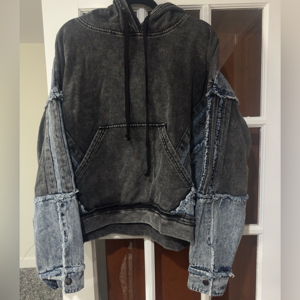 Oli & Hali Distressed Black and Light Wash Denim Sleeve Hoodie